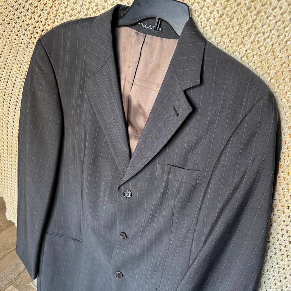 Vintage Hugo Boss Gray Pinstripe Blazer 42L Wool Mohair Vitale Barberis Canonico